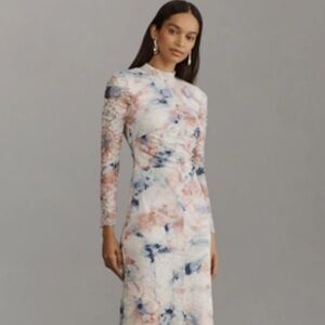 Anthropologie NWT Long Sleeve Floral Lace Sheath Dress in Blush and Navy -NWT